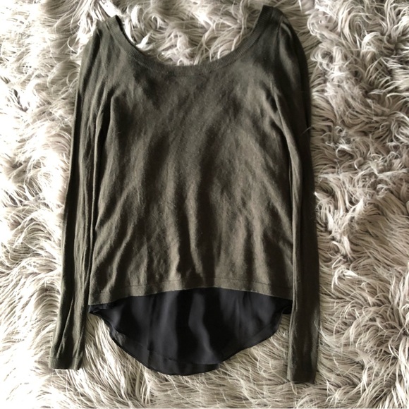 Express Mosscore Olive Green Silk Blend Sweater with Black Mesh Layering Tank - Picture 2 of 5